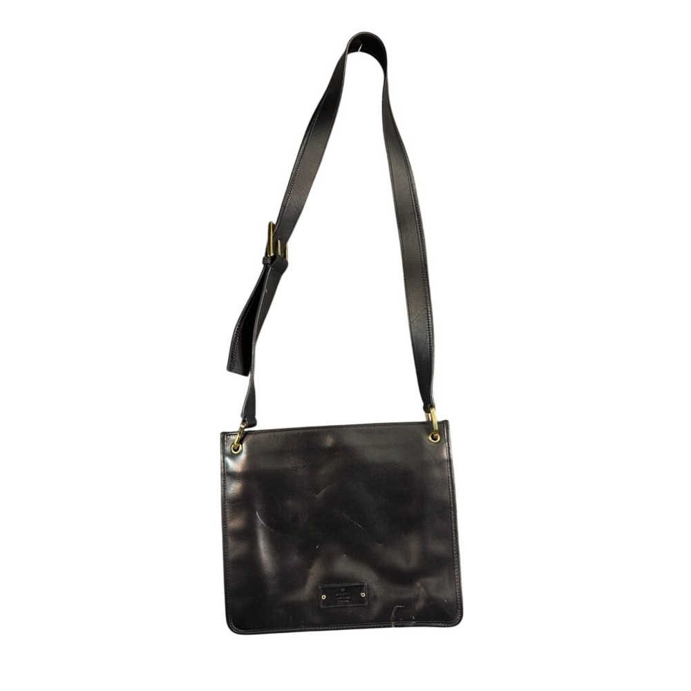 Gucci Black Leather Flat Crossbody Bag Vintage Gold Hardware R 91762